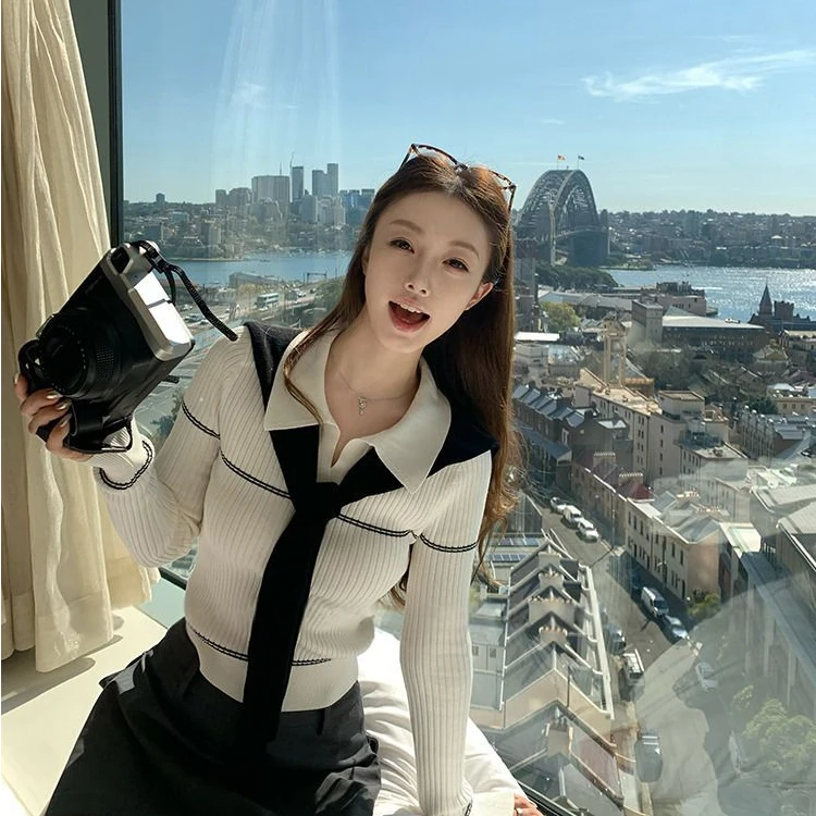 韩系红色披肩polo领针织衫女早秋季毛衣内搭修身显瘦短款长袖上衣