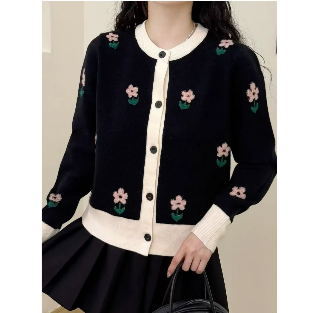 3378提花小花朵慵懒风上衣女显瘦毛衣春秋宽松圆领毛针织衫开衫