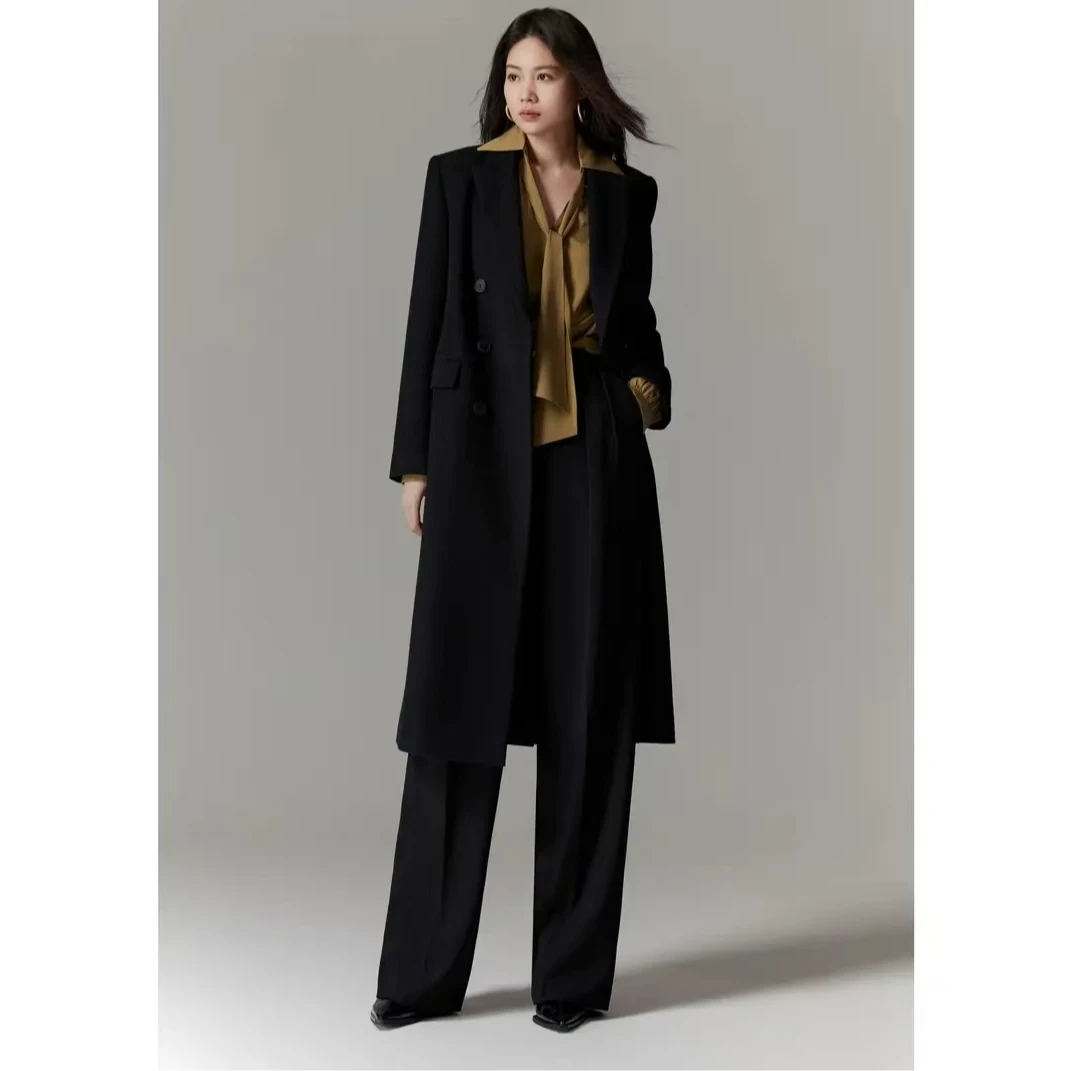 阿玛施AMASS绵羊毛英式简约双排扣中长直身女毛呢外套5400810通勤