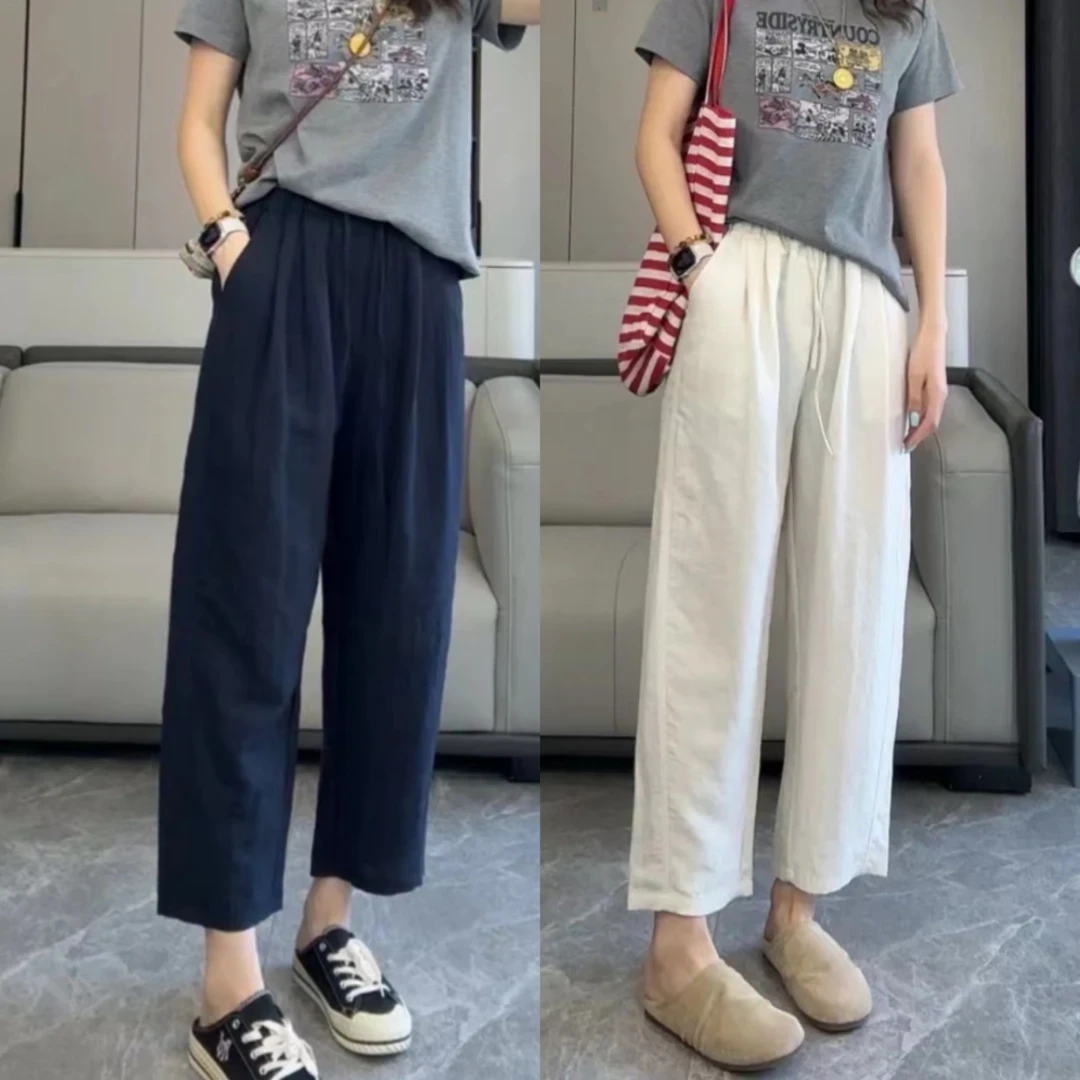 休闲百搭裤子女2025年夏季新款小个子百搭高腰显瘦九分阔腿裤子女