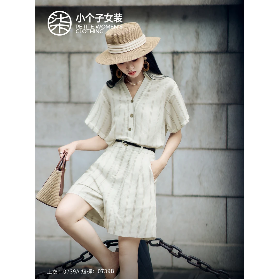 【大柒】0739A/B小个子莱赛尔亚麻米白色条纹上衣+短裤时尚套装女夏