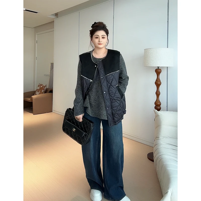 【胖佳佳】慵懒周末 双面绒感条纹T恤秋冬百搭长袖上衣H624Z20547