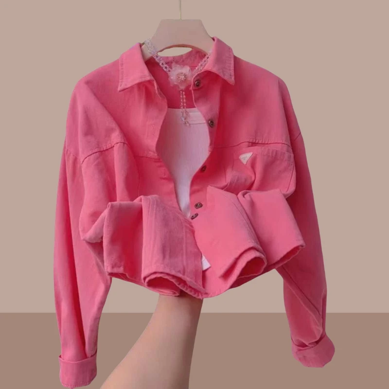 春秋季甜美粉色衬衣女款2025新款爆款宽松时尚洋气百搭牛仔衬衫潮