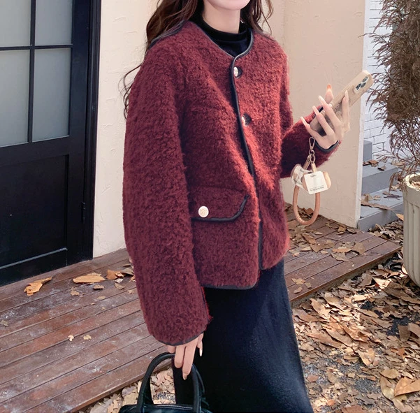 高级设计感小众小香风仿羊羔毛小个子舒适酒红色新款外套女上衣女