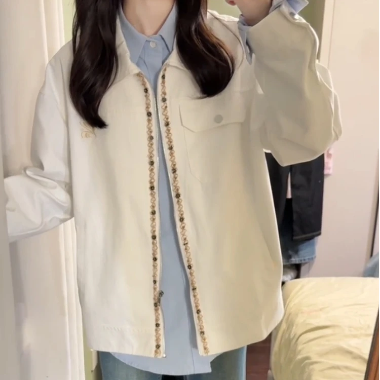 美式高街小香风重工拼接polo领外套女春秋高级感气质百搭夹克上衣