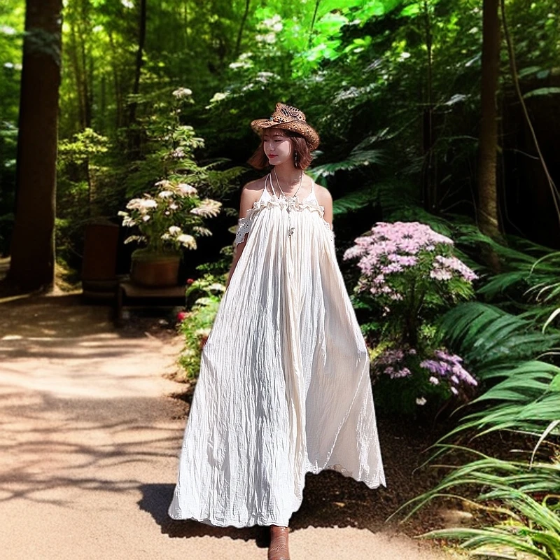 纯手工原创设计款泰棉白色气质仙女大摆宽松吊带女士连衣裙