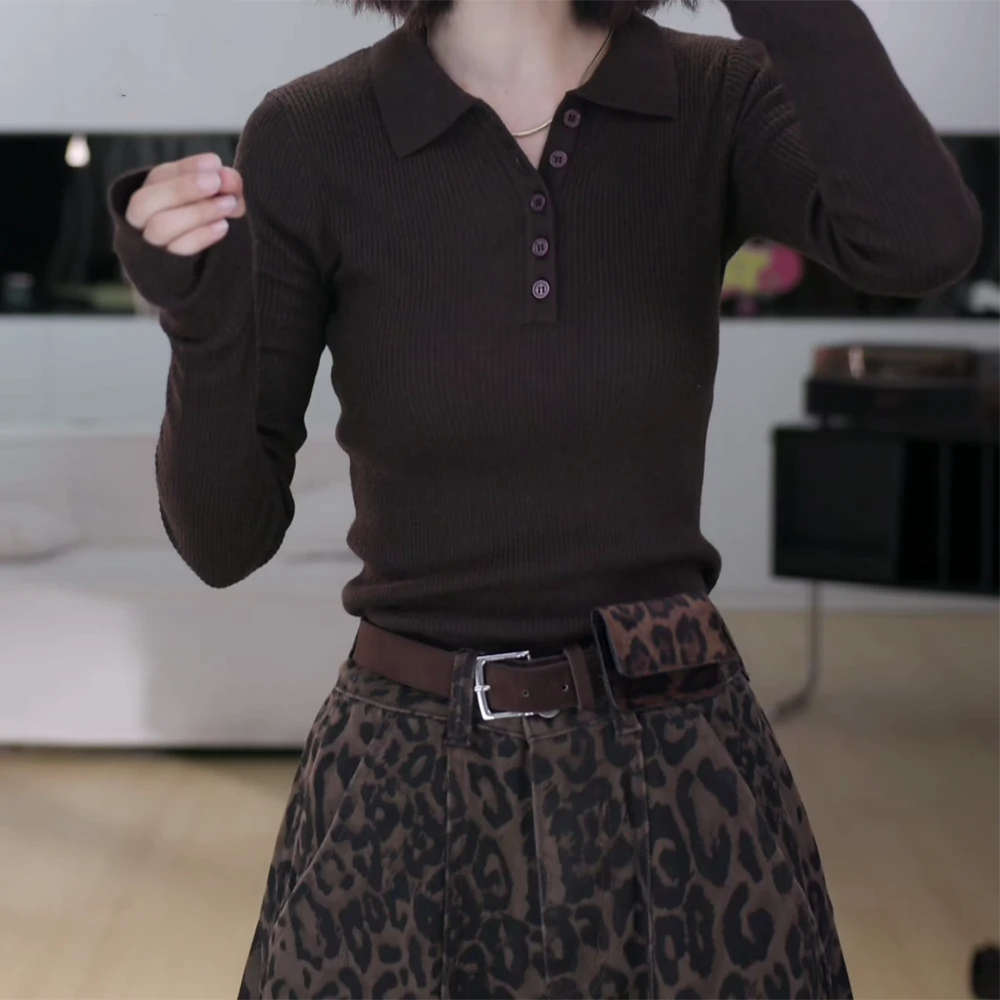通勤极简风秋冬polo长袖翻领修身针织衫上衣C6076
