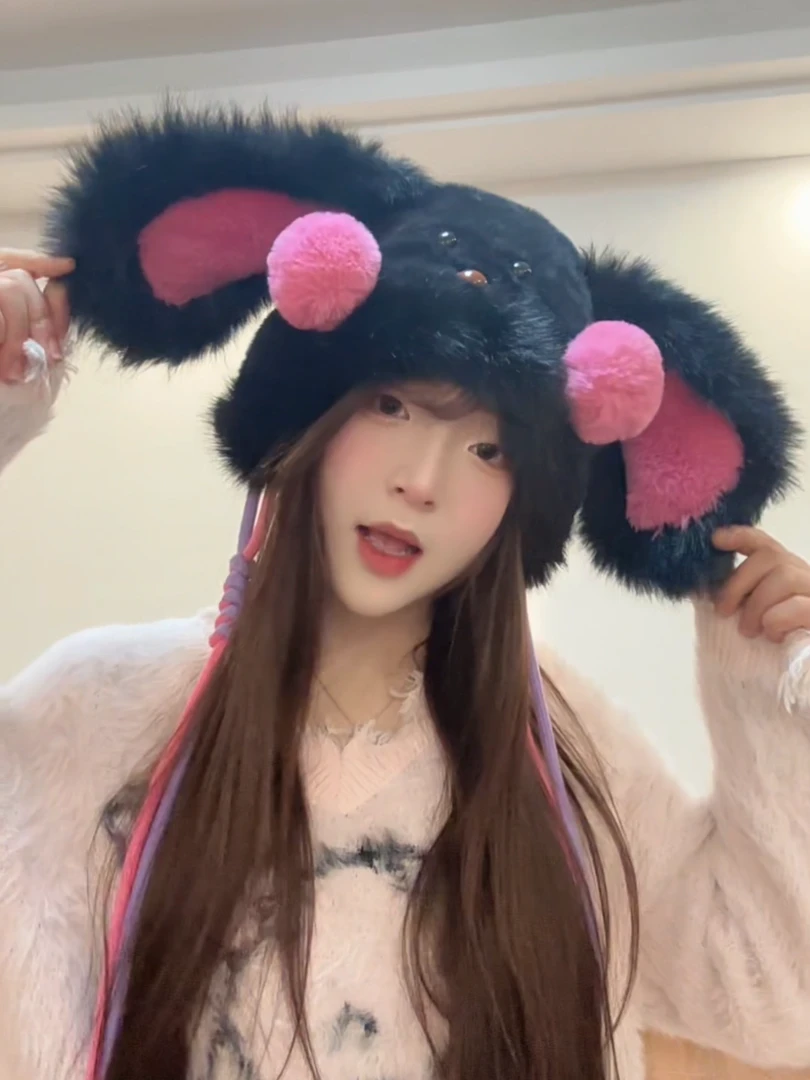 冬季新款腮红甜美可爱兔耳朵毛绒帽子女显脸小防寒护耳加厚雷锋帽
