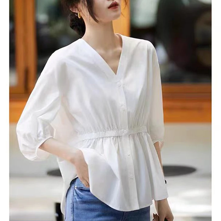 （简约纯色V领灯笼袖衬衫）高腰显瘦宽松减龄设计感衬衫上衣C
