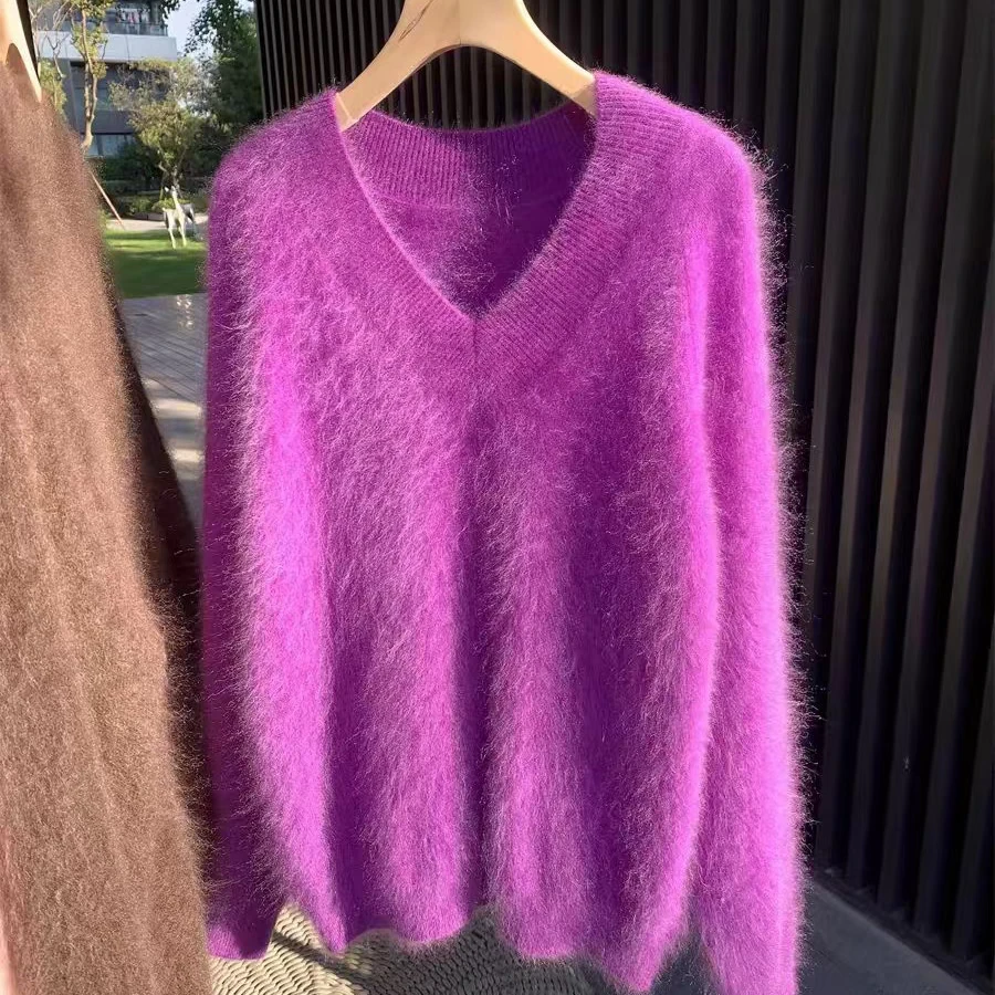 100%纯山羊绒拉绒毛衣V领套头长袖加厚打底衫冬时尚显瘦针织上衣