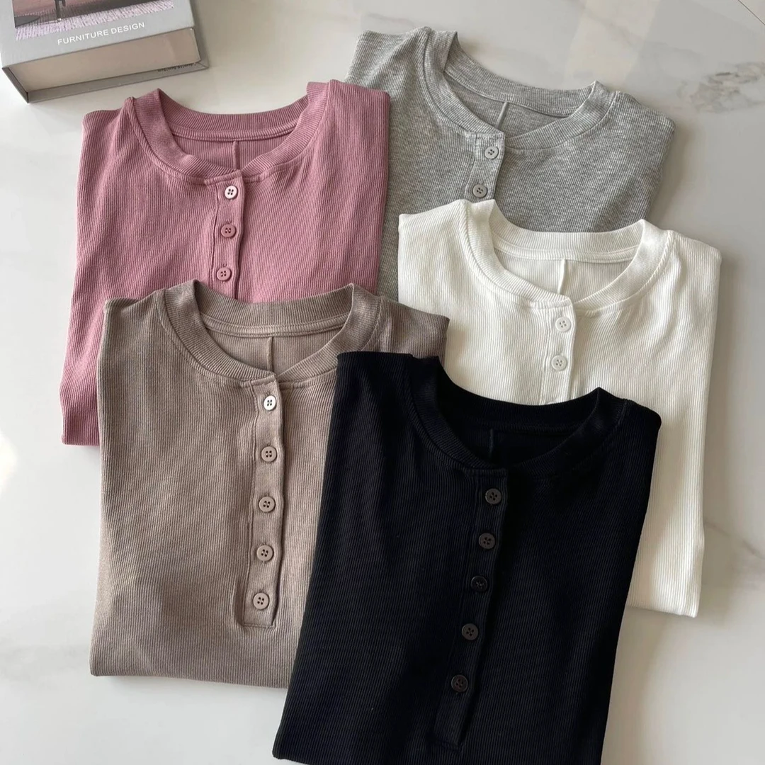 五色短袖半开扣亨利领 夏季百搭 韩系氛围感薄款纯色显瘦