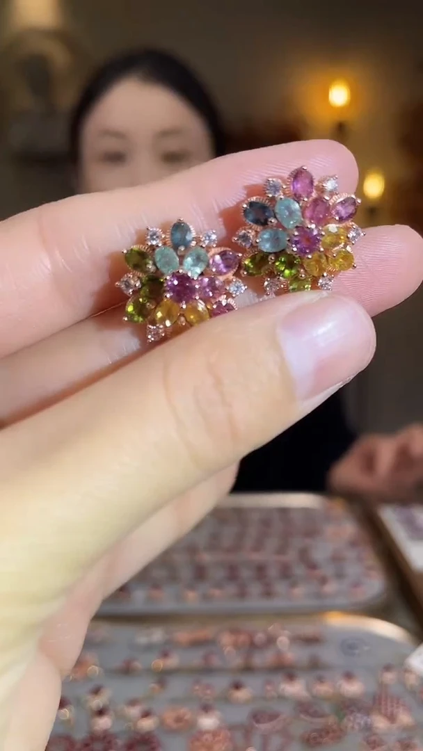 银S925镶嵌耳饰碧玺耳饰