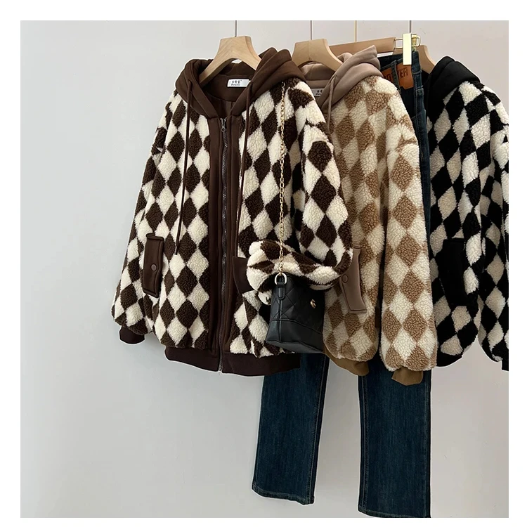 D001双面可穿洋气复古菱格棋盘格仿羊羔毛外套卫衣女小众连帽宽松