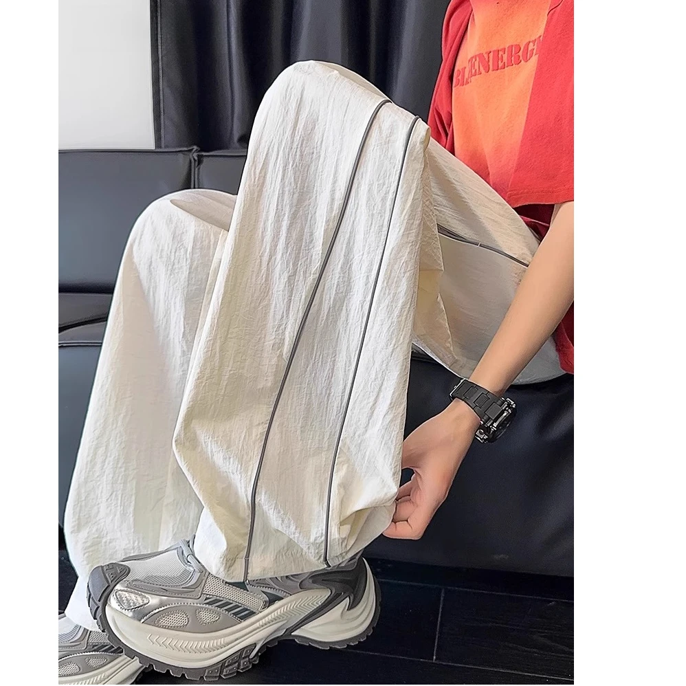 莫安摩萨利冰丝速干休闲裤男2025夏季新款美式条纹宽松阔腿长裤