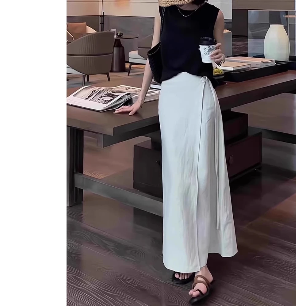 一片式休闲半身裙女夏季薄款大码胖mm高腰显瘦清冷感a字中长裙子