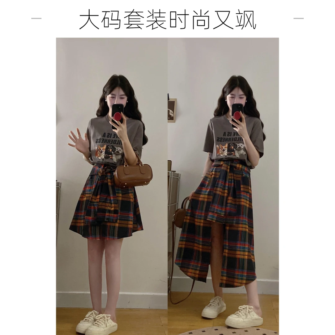 大码女装胖MM时尚学院风又A又飒印花上衣+不规则裙子长短款套装