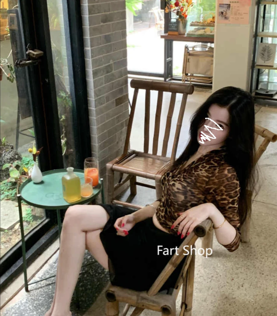 经典豹纹 轻熟风气质性感交叉绑带轻薄长袖上衣女夏3353#