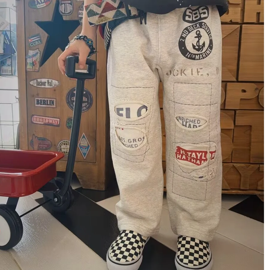 25年新款春季男女童装日系卫裤dd中古款破洞绣线儿童运动裤长裤子