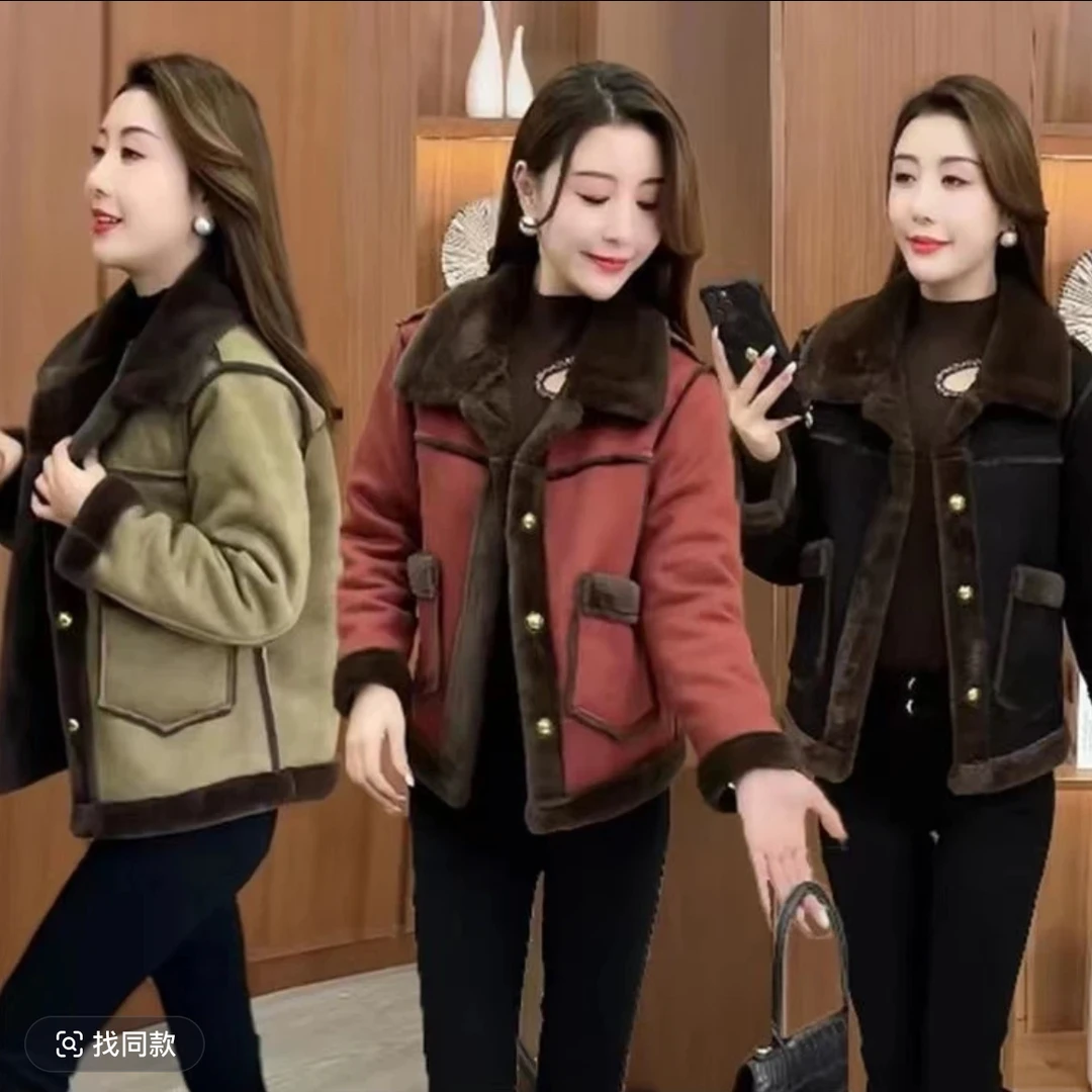 加绒加厚短款外女秋冬厚外套新款时尚减龄皮毛一体麂皮绒夹克上衣