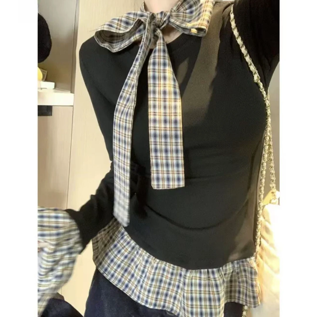 假两件格子拼接长袖T恤女早春新款设计感修身打底上衣