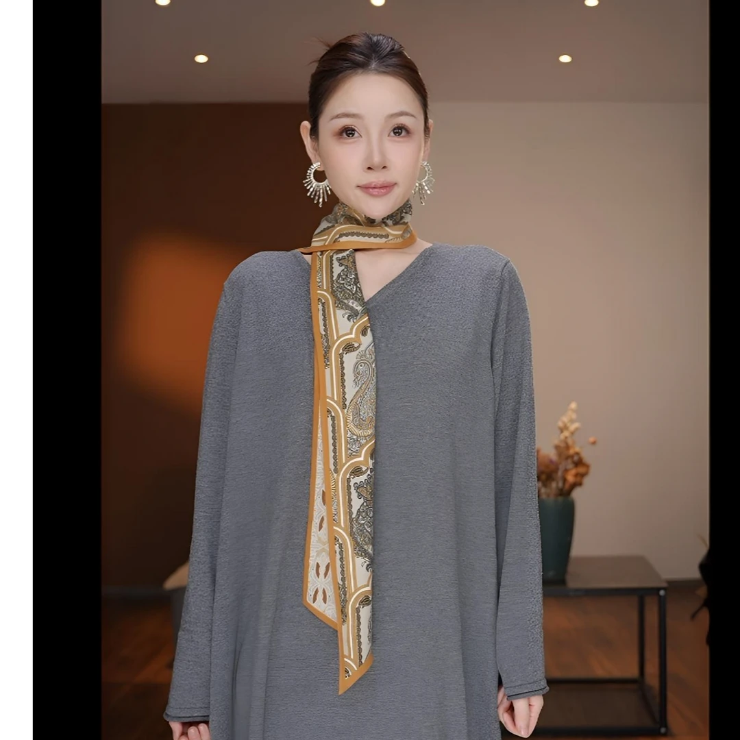 达芬奇密码棕纹140*15精致双面丝毛小领巾秋冬百搭小围脖高级感