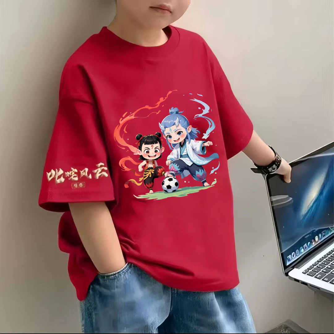 哪吒敖丙踢足球2025宽松夏季短袖圆领亲子T恤儿童常规中性夏装