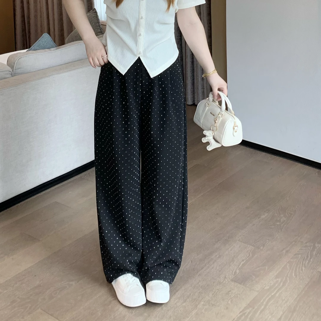 楠序迪迪微胖女装2025夏季新款烫钻高腰显瘦气质阔腿裤长裤DD9095