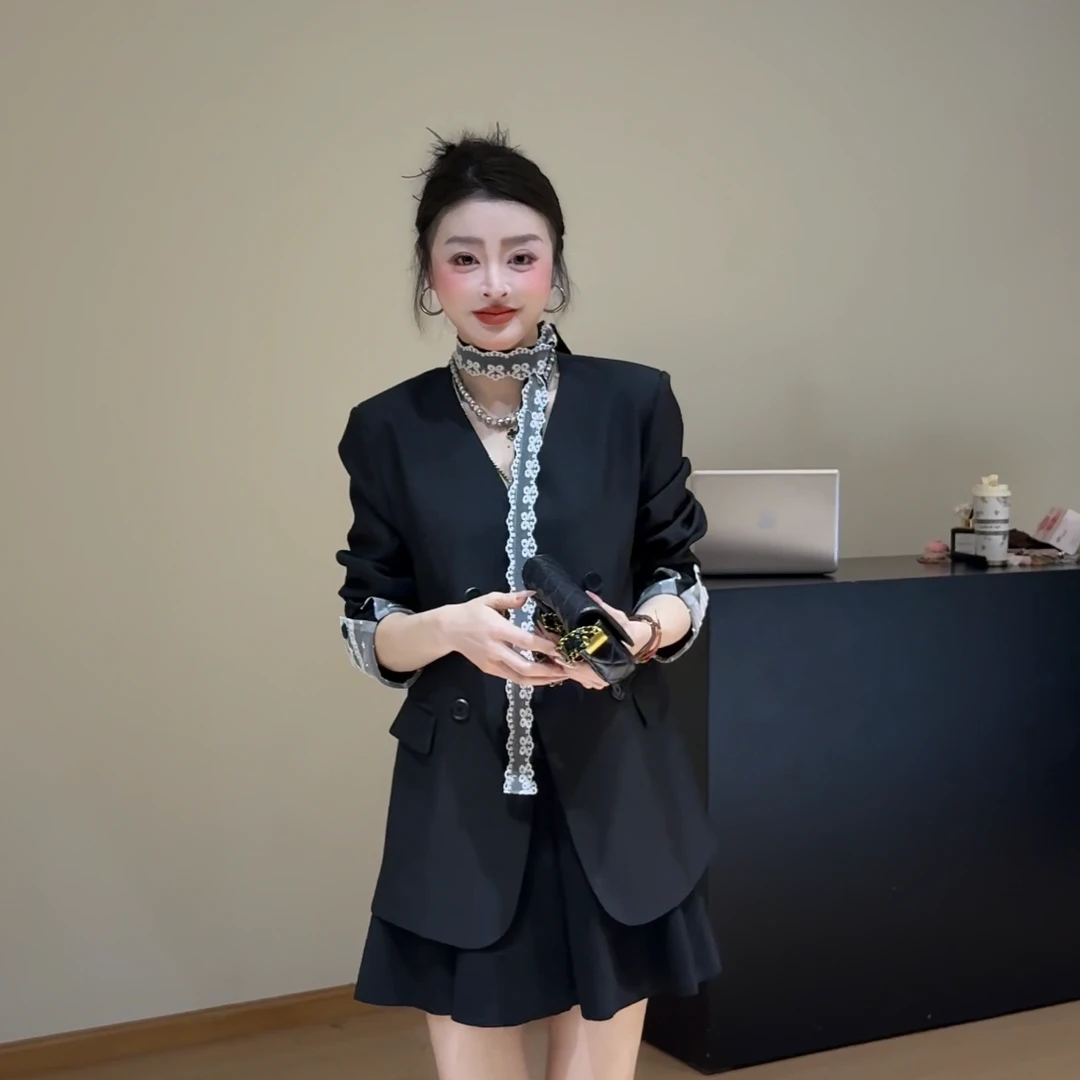 869春季2025新款韩版蕾丝飘带V领长袖西装外套