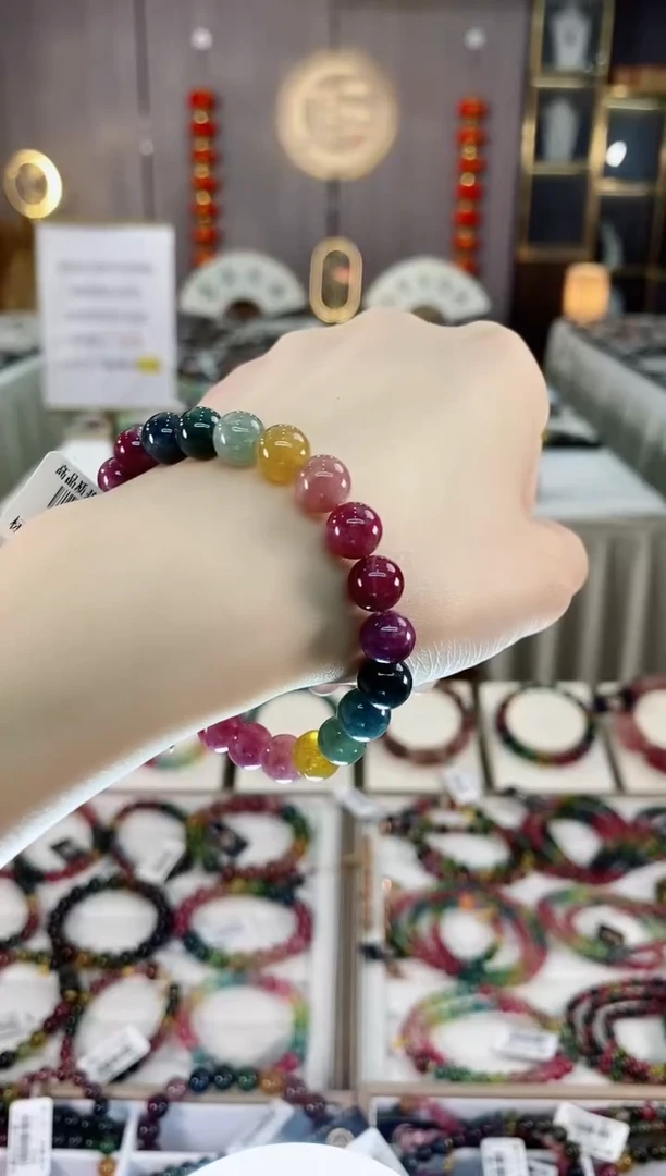 老矿油画碧玺色标彩虹单圈手串8mm+未镶嵌碧玺dan多样性发货一条