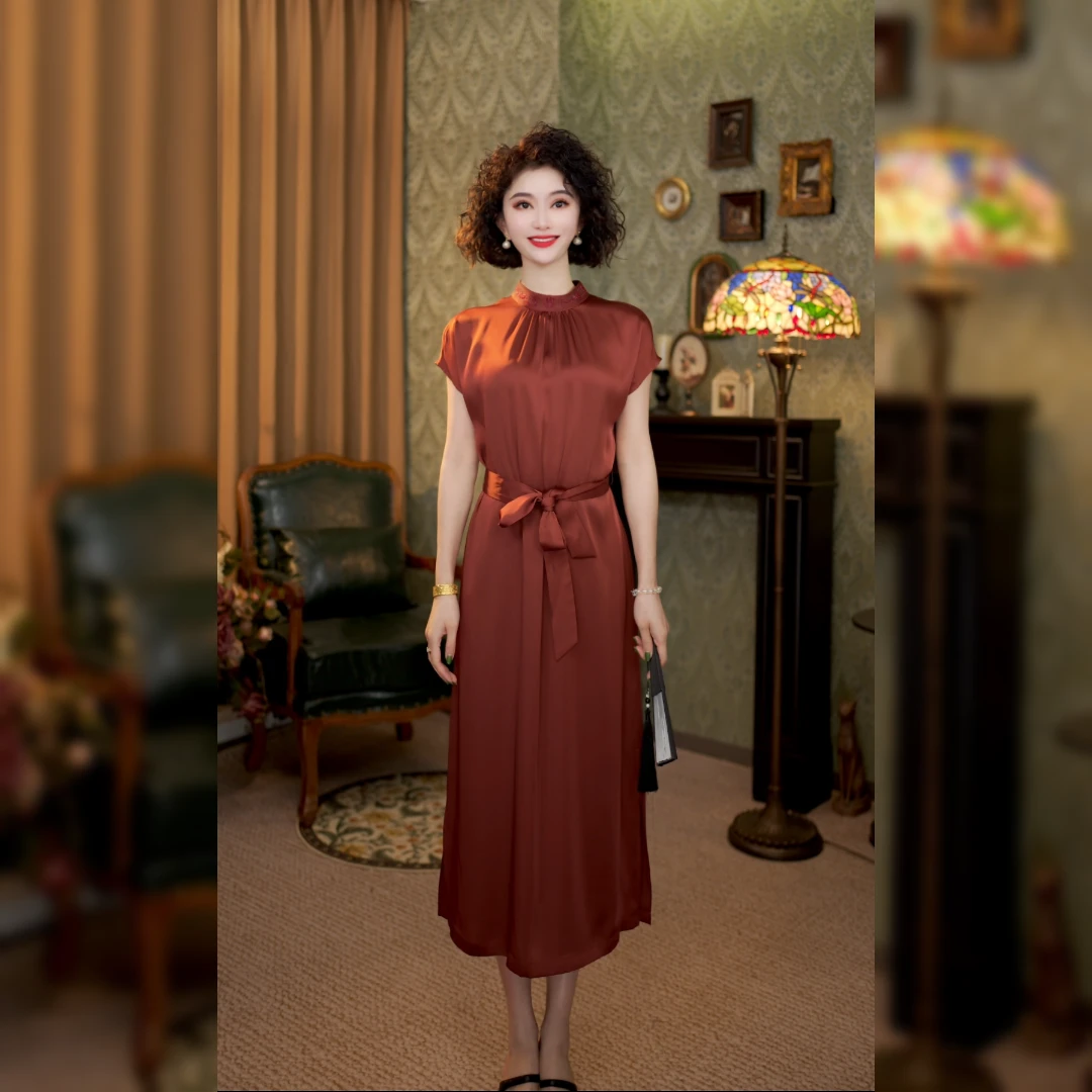 新中式国风2025春季新款纯色短袖收腰显瘦高端连衣裙LYGLQ0593