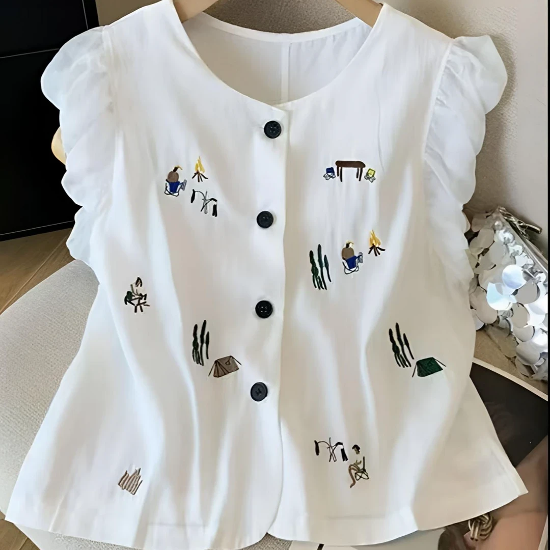 韩系重工刺绣卡通图案飞飞袖衬衫2025夏季新款时尚洋气减龄上衣潮