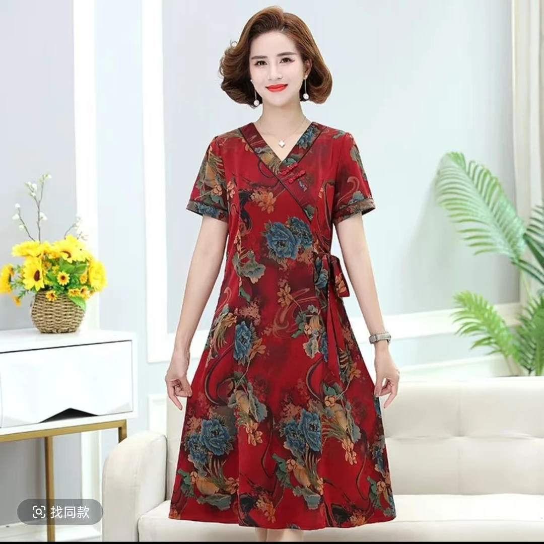 409-夏季时尚洋气中老年女装长连衣裙气质
