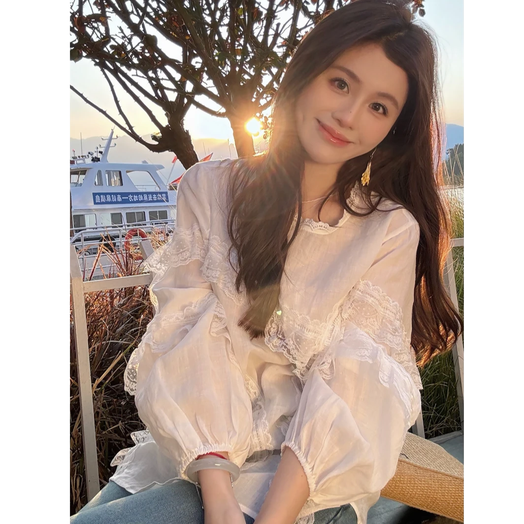YPP!【一盏白梦】100苎麻 法式气质蕾丝花边圆领防晒长袖衬衫