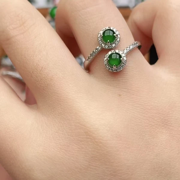 鑫辰珠宝天然A货翡翠银镶嵌设计款开口女戒指时尚百搭