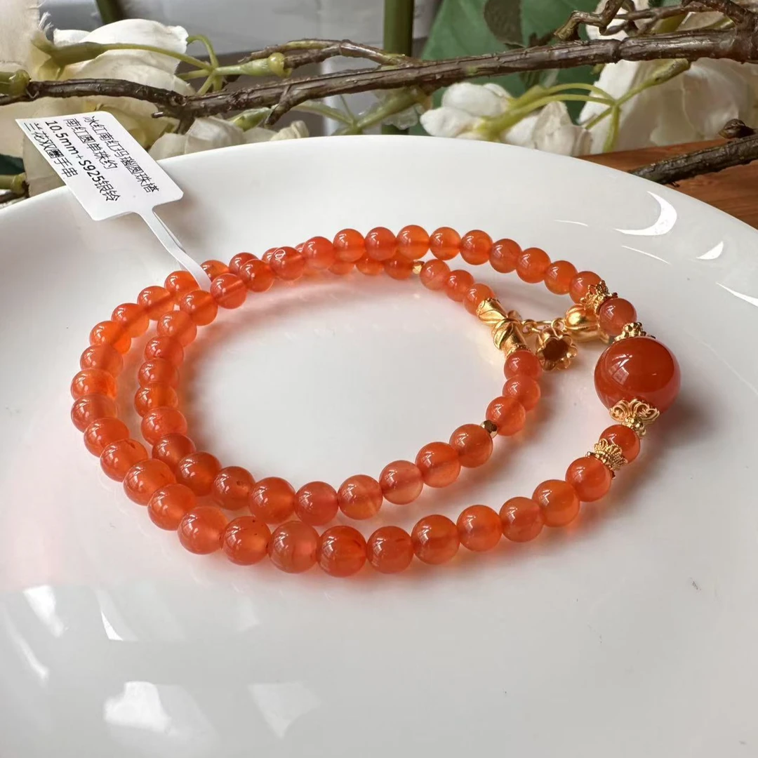 冰红南红玛瑙圆珠搭南红圆单珠约10.5mm+S925银铃兰花双圈手串