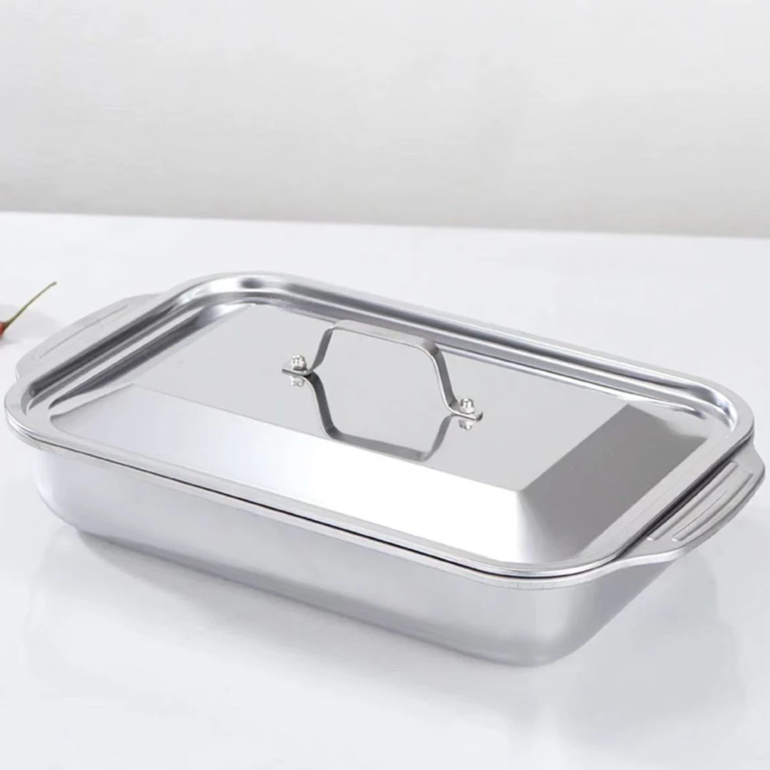 【41x24x8cm】不锈钢双耳带盖烤鱼盘大托盘烧烤盘加厚长方形餐盘