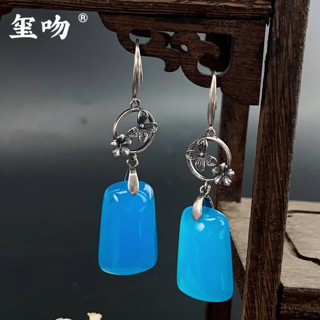 【玺吻】s925银 天然蓝玛瑙窗花耳坠
