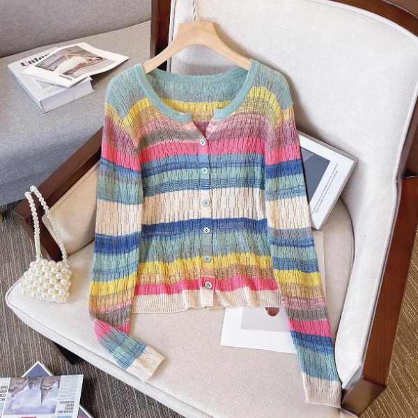 【芳芳惊喜】彩虹条纹长袖针织衫2025春夏新款接色条纹长袖百搭上衣