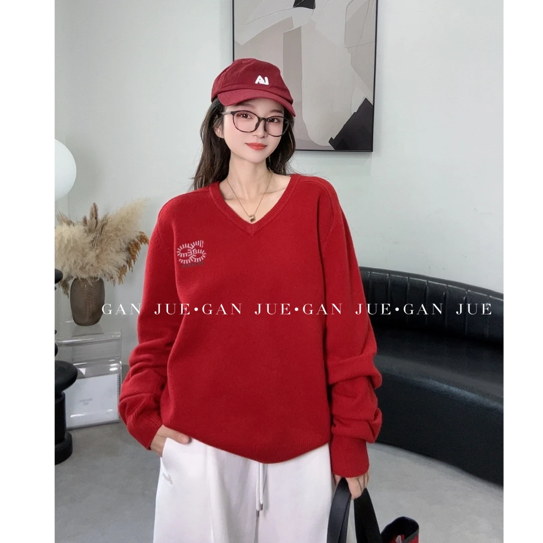 avvenn设计师品牌25春 红色V领袖口褶皱毛衫 ganjue买手店