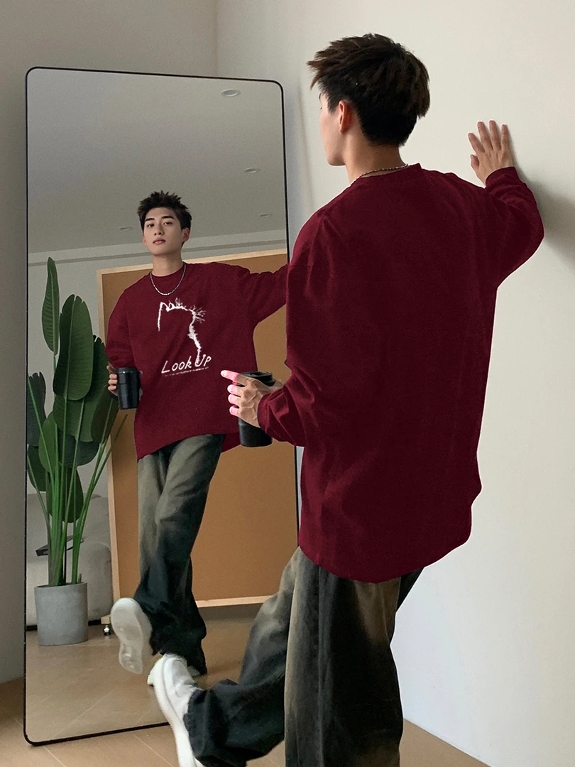 【重磅纯棉】秋冬新款男款红色宽松国潮圆领休闲潮流圆领ins长袖T恤