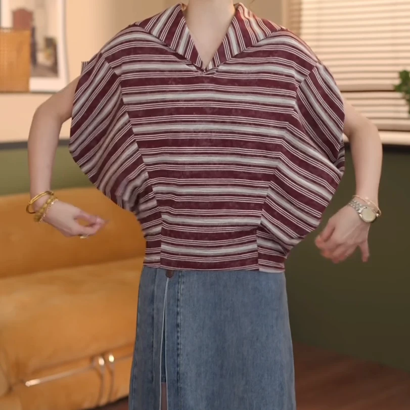 港风复古夏季短袖条纹T恤休闲上衣C5311