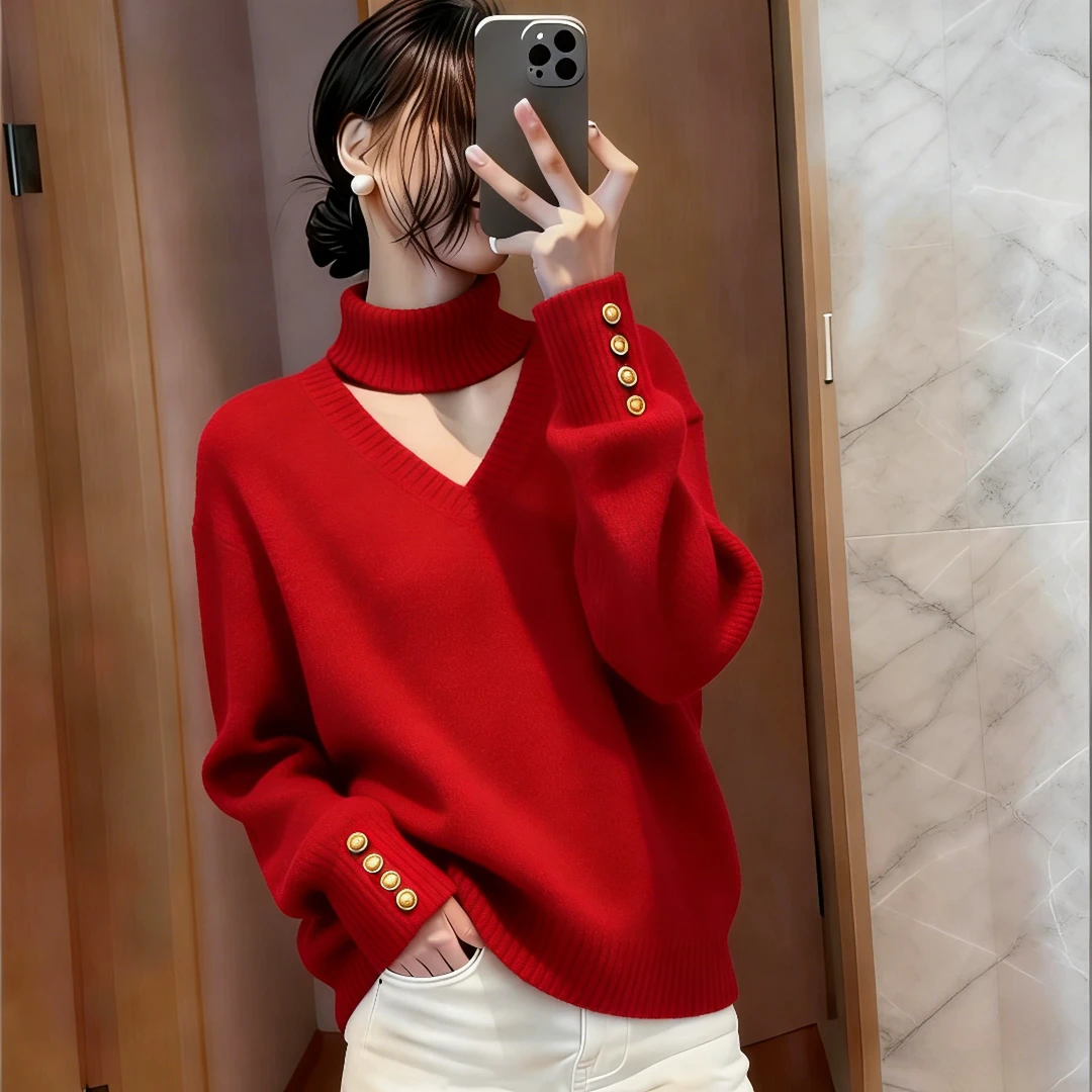 设计感挂脖V领红色毛衣冬季女2025新款慵懒高级感加厚针织衫上衣