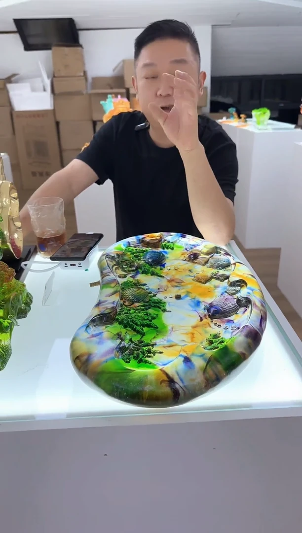 手工艺品琉璃红**土古法琉璃海底世界大茶盘