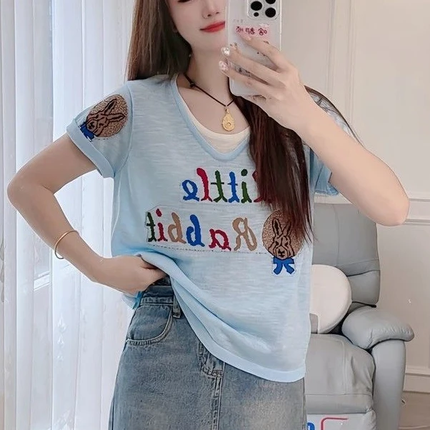 100%纯棉夏季套头短袖宽松女装卡通兔字母彩色印花上衣显瘦罩衫