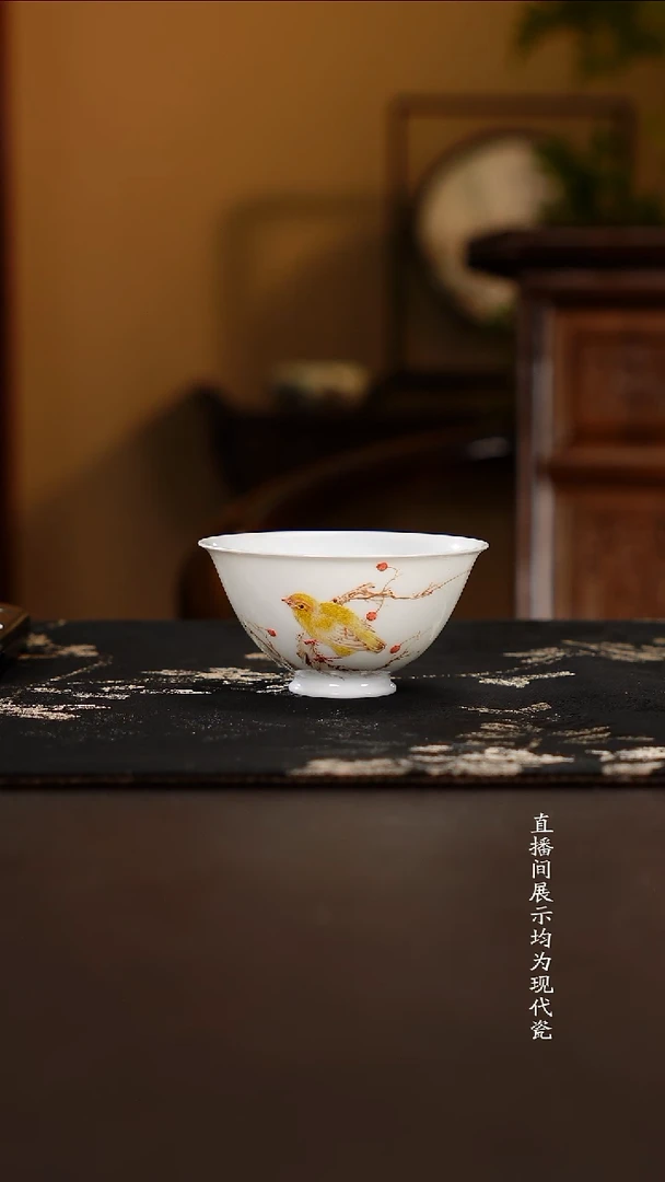 杯子瓷滑石子釉中彩花鸟