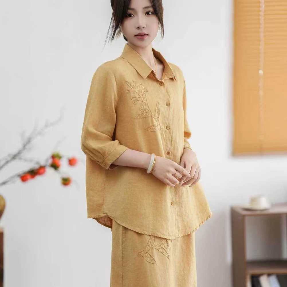 亚麻翻领刺绣中袖衬衫宽松百搭纯色薄款上衣8668  肩40胸120长65