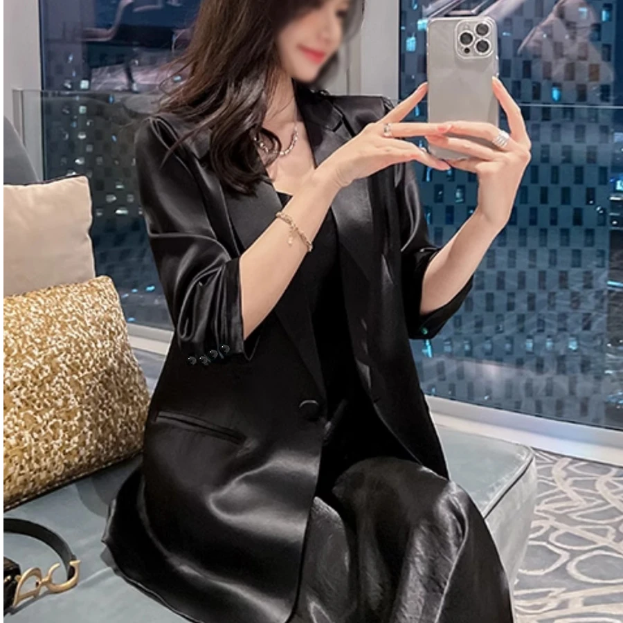 大码薄款黑色西装外套女夏胖mm时尚减龄七分袖仿醋酸缎面西服上衣