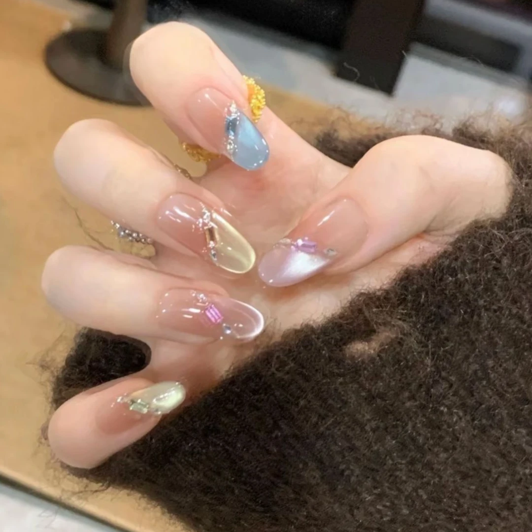 【云love美甲】夏日中长款多巴胺彩色猫眼气质显白高级手工穿戴甲