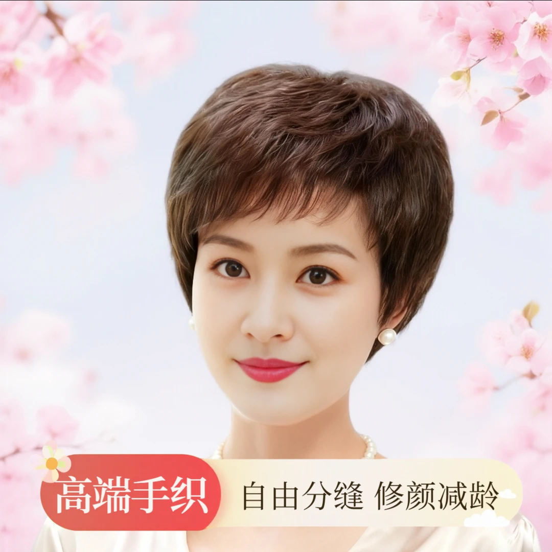 诺瑞雅新款女士短发真人发丝中老年假发套轻薄透气全头套