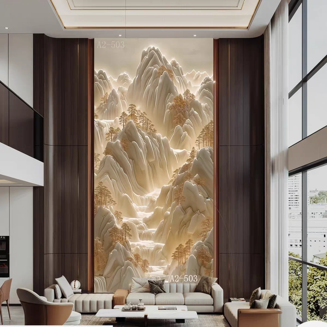 炎夏别墅浮雕肌理纹装饰画碳晶板竹木纤维板复式楼挑空客厅中式墙